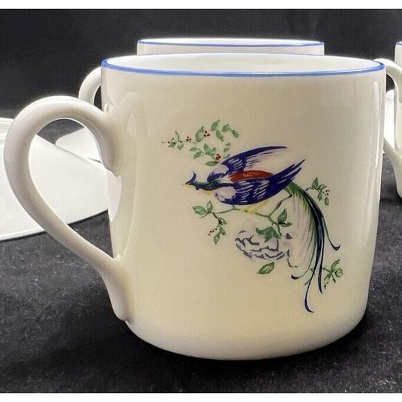 Lec Limoges France LeClair Bird & Floral Porcelain Cup & Saucers. Set Of 4 - Picture 5 of 10